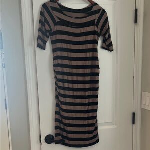 Loveappella Maternity Black and Brown Striped Midi Dress